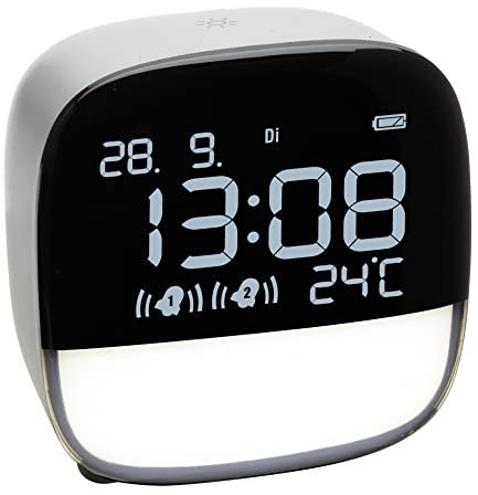 TFA Dostmann Wecker mit LED Nachtlicht digital, 60.2034.02, mit 2 Weckzeiten und 3 Lautstärke Stufen, Akkubetrieben, inkl Innenthermometer, weiß, (L) 81 x (B) 67 x (H) 82 mm