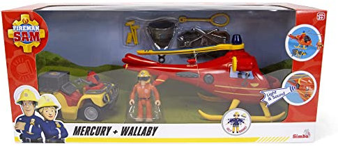 Simba 109251014038 - Feuerwehrmann Sam Mercury und Wallaby mit Abbildung - 2er-Pack Feuerwehrmann Sam Fahrzeug mit Quad Mercury und Hubschrauber Wallaby und Tom Thomas Figur, Ab 3 Jahren