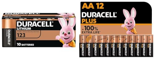 Batterie DURACELL CR123 (confezione da 10) al litio ad alta potenza da 3 V & Batterie Plus AA (pacco da 12) Alcalina 1.5V - Fino al 100% di extra durata