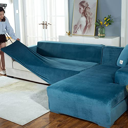 LJQAIZYL Sofa Schonbezug U Form Ecksofa Couch Bezug,Dickere Samt Sofabezug L Form Links Rechts,2er Set Chaiselongue Sofa überzug für Wohnzimmer, Sofa Überwürfe für Hunde Haustiere,Blue-2seats+3seats