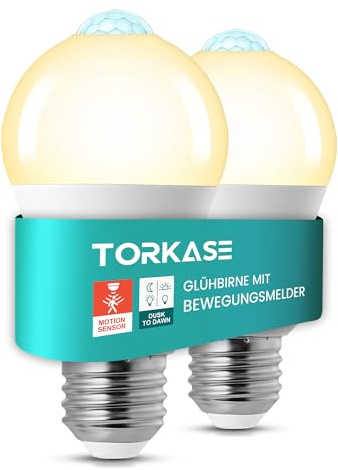 Torkase Glühbirne mit Bewegungsmelder, 13W E27 Led Glühbirne Ersetzt 100W, 3000K Warmweiß 1100LM Led Lampe mit Bewegungsmelder für Treppen Toiletten Garten Balkon Garage, 2er Set