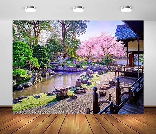 BELECO 2.7x1.8m Sfondo giardino giapponese in tessuto Giappone Fiori di ciliegio in fiore Sakura Alberi Giardino Cortile Fiume Primavera Scenario Sfondo Decorazioni per feste giapponesi
