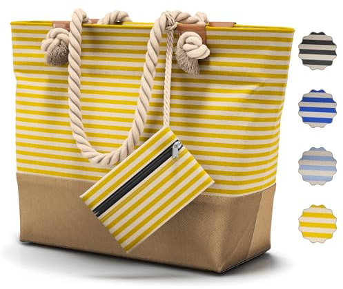 furora HOLIDAY Sac de Plage XL - avec fermeture éclair et 2x poches intérieures (pour maillots de bain mouillés et objets de valeur) | Sac de Voyage femme + homme (Jaune Ensoleillé)