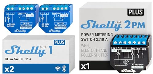 Shelly Plus 2PM, Interruttore a Relè 16A, Wi-Fi e Bluetooth, Misuratore di Potenza & Plus 1, Relè interruttore intelligente, Confezione de 2, Wi-Fi & Bluetooth