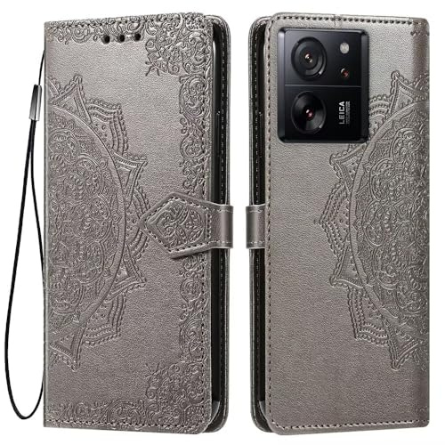 HONLEN Hülle für Xiaomi MI 13T / Xiaomi MI 13T Pro Handyhülle, (6.67 Inches) Premium PU Leder Wallet Magnetverschluss Flip Case mit 3 Kartenfach,Mandala Muster Case Grau