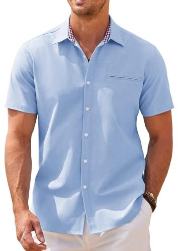 COOFANDY Shirts for Mens Casual Shirt Short Sleeve Dress Shirts Oxford Summer Shirt Business with Checked Collar Lightweight Chambray L