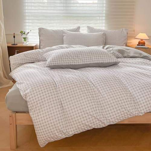 Juego de ropa de cama 135x200, gris a cuadros, diseño rústico geométrico de 8 mm, funda nórdica de 135 x 200 cm + funda de almohada de 80 x 80 cm, diseño de cuadros de granja