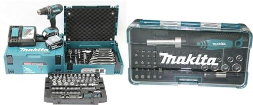 Makita DHP482JX13 Akku-Schlagbohrschrauber 18V / 3,0 Ah, 2 Akkus + Ladegerät im MAKPAC + 120-tlg. Zubehör-Set im MAKPAC Petrol/Schwarz & Ratschen und Bit-Set 47-teilig, B-36170, Mehrfarbig