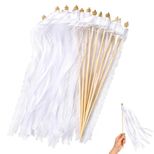 50 Stücke wedding wands, Feenstäbe Ribbon Zauberstäbe Hochzeit Luftschlangen mit Glocken, für Partys, Zauberstäbe Hochzeit Luftschlangen, für Hochzeiten, Geburtstage, Feiertagsfeiern, Weiß