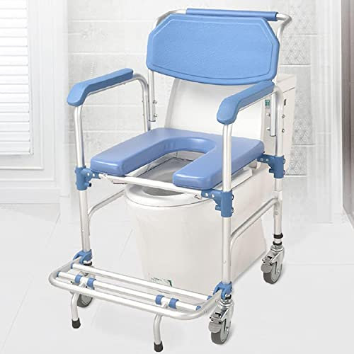 MaGiLL 4-in-1-Rollstuhl für die Toilette am Bett, Duschrollstuhl, Transport-Toilettenstuhl mit 4 Rädern, abnehmbarem Eimer, gepolstertem Sitz, mobiler Toilettensitzerhöhung