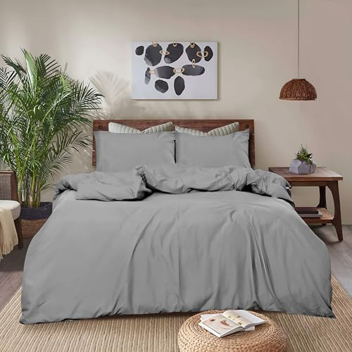 REHAN & CO Double Duvet Set Grey– Soft Brushed Microfiber Bedding Duvet Cover Sets – Plain Quilt Cover With Pillow Cases.