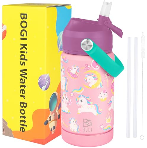 BOGI Kids Metal Water Bottle with Straw, 350ml Kid Stainless Steel Water Bottle for School Leak Proof Insulated Water Bottle for Boys Girls Toddlers Children Keep Drinks 12h Hot & 24h Cold | Unicorn