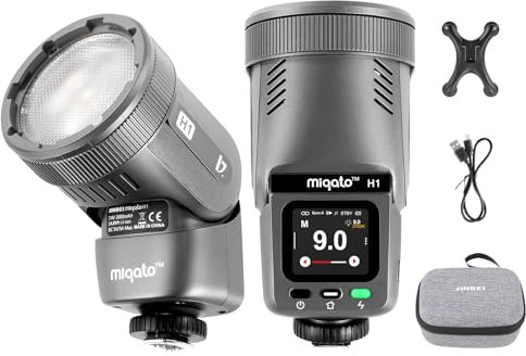 JINBEI miqato H1 Flash Cobra LED Bicolore 2700K-6500K + Flash GN28, Lampe Vidéo 12W avec 4 Modes (TTL/HSS/Maître/Eclairage Continu), 4150 Lux, 405g - pour Photographie Pro et Studio