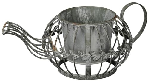 Deko Teekanne mit Pflanztopf für draußen - Große graue Vintage Eisen Gießkanne als Blumentopf Vase - 35 x 14 cm als Garten- Balkon- Hochzeits- und Eingangsbereichsdeko im Shabby Chic Landhausstil