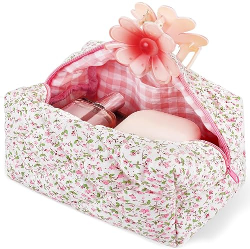 DINGFENG Kosmetiktasche Damen Schminktasche Baumwolle Makeup Reise | Kulturbeutel klein Handtasche Blumenmuster groß Fassungsvermögen Reißverschluss