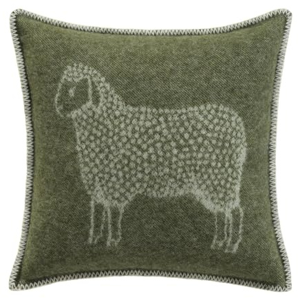 JJ Textile Moss Green Sheep Cushion Cover 100% Wool - Soft & Cosy with a Reversible Design - Decorative Square Throw Cushion Covers for Bed, Sofa & Home Decor - 45cm x 45cm
