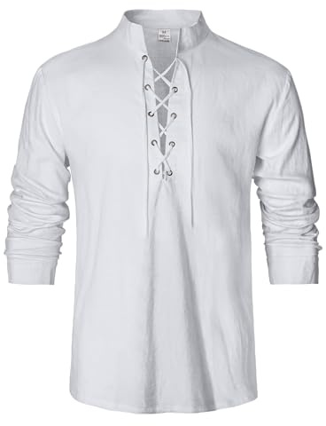 LVCBL Mittelalter Kleidung Herren Leinenhemd Retro-Stil Vintage Langarmhemd mit Schnürung Weiß XL