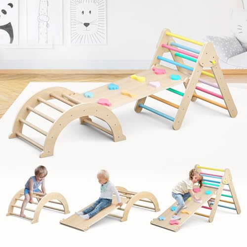 5-in-1-Regenbogendreieck-Klettergerüst für Kleinkinder, faltbares hölzernes Indoor-Kletterdreieck-Set mit Rampe und Bogen, Montessori-Kletterspielzeug-Spielgymnastik für Kinder