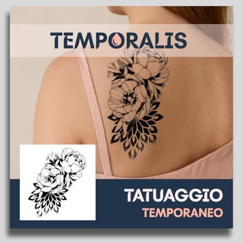 Tatuaggio FIORE - Temporalis® | Tatuaggi temporanei uomo donna, tatuaggi finti vegani e waterproof - Certificato UE - Dura 1-2 settimane [ Tattoo Peonie e mandala ]