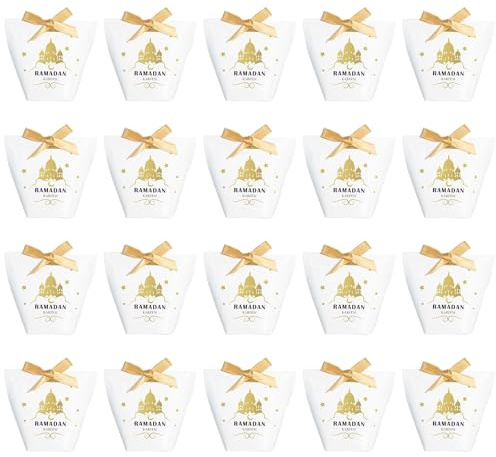 Eid Mubarak Geschenkboxen,20 Stück Papier Eid Mubarak Geschenkkartons,Ramadan Geschenktüten Süßigkeiten Boxen Taschen für Muslim Ramadan Islamic Party Decor (Weiß Schloss Muster)