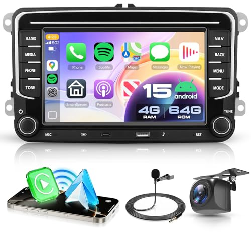 VECHTEL 4G+64G Android 15 Autoradio für VW Golf 5 6 Passat Jetta Caddy EOS T5 Tiguan Touran CC Polo, 7'' HD Touchscreen mit Drahtlos Carplay Android Auto GPS Wi-Fi USB TYP-C Bluetooth FM RDS Kamera