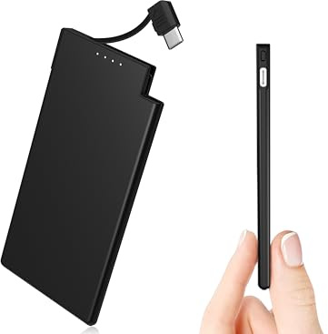Power Bank 5000mAh con Cable Tipo-C Incorporado | Auskang Batería Externa Portátil Ultra Delgada y Ligera | Cargador Portatil para iPhone, Samsung, Xiaomi, Sony - Negro