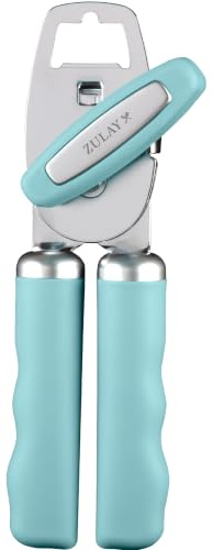 Zulay Kitchen Tin Opener - Heavy Duty Can Opener Manual with Bottle Key - Rust Proof, Stainless Steel, Arthritis-Friendly, Tool for Seniors with Turn Knob & Comfy Soft Good Grip Handles - Dusty Blue