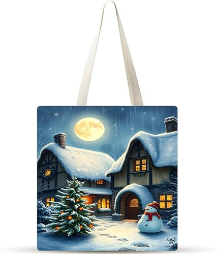 Cabaña de invierno Muñeco nieve Bolsa de Lona 38x34cm Tote Bag sin Cremallera,juego de 20 Canvas Tote Bags para Mujer,Bolsa de Compras Plegable,Bolso de Mano Lavable para Compras,Vida Cotidiana,Viajes