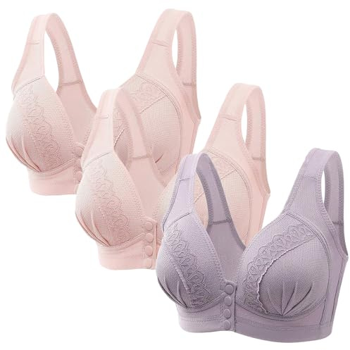 Keepink 3PC Front Fastening Bras for Women UK Wirefree Underwear Comfort Mastectomy Bras Non Wired Post Surgery Top Sleep Everyday Full Coverage Bralettes Plus Size 8-18