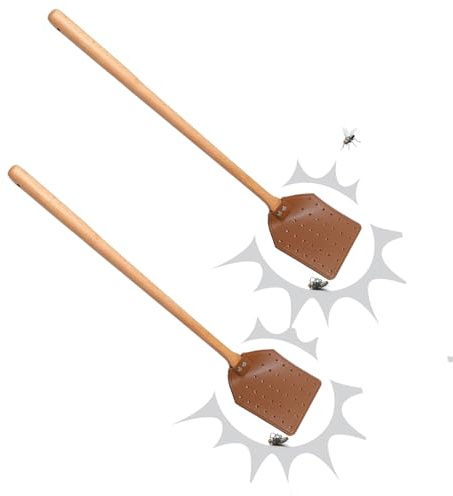 2X Fliegenklatsche Leder, Mückenklatsche Mit Langer Holz Griff, Tragbare Fliegenklatsche Fly Swatter, Indoor Outdoor Fliegentöter, Für Restaurant, Schlafzimmer, Küche