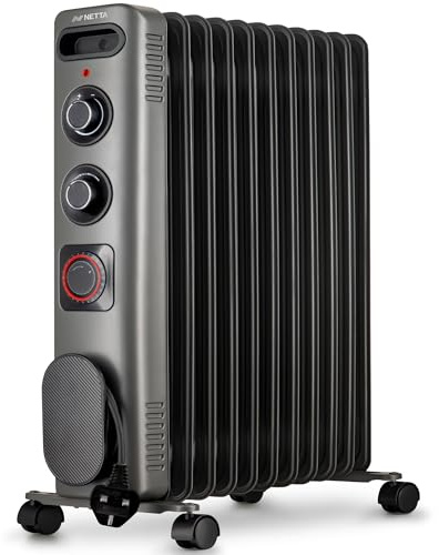 NETTA Electric Oil Filled Radiator 2500W, Portable Heater with Thermostat & 24 Hour Timer, 3 Power Settings, 11 Fin - Silver Grey
