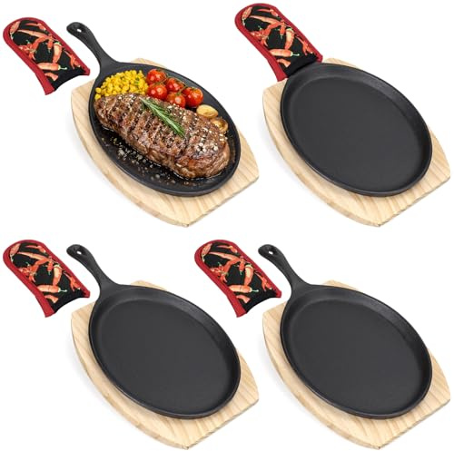 4 Pack Cast Iron Fajita Serving Set, 37 cm Sizzler Plates with Wooden Trays | Large Oval Sizzling Pans Bulk with Handle Mitts for Steak, Chicken, Seafood & Vegetables, BBQs, Home Dining and Catering