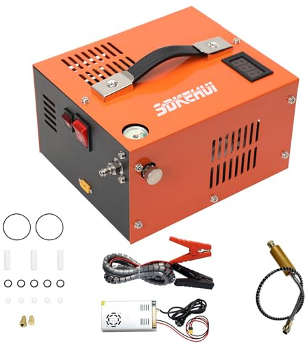 Portable PCP Air Compressor 30MPa/300Bar/4500PSI, 12V DC/220V AC PCP Airgun Compressor Manual-Stop, w/External Power Adapter, Built-in Fan, Suitable for Paintball, PCP Rifle, Pistol, Scuba Bottle