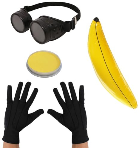 Kids Yellow Helper Costume Set – Includes Black Goggles, Black Gloves, Inflatable Banana (28) & Yellow Face Paint – Funny Fancy Dress Outfit for Halloween & Parties