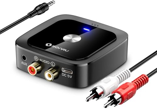 SONRU Bluetooth 6.0 Adapter Empfänger Klinke, Aux Bluetooth Receiver Audio Adapter Stereo mit 3 5mm Klinke und RCA Kabel für Stereoanlage Lautsprecher, Autoradio, Verstärker