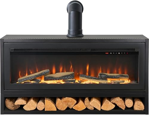 Acantha Vision Electric Media Stove with Log Store & Stove Pipe in Black with 3D LED Flame Effect, Remote Control, 7-Day Programmable Timer, 1kW and 2kW Heat Output