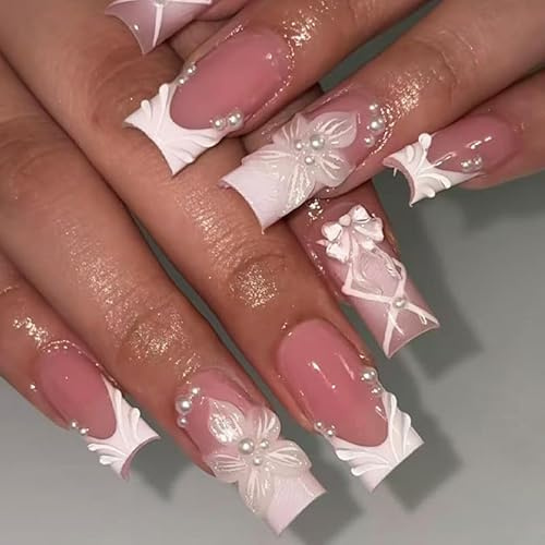 Pink French Tip Press On Nails – 24Pcs Medium Square False Nails - Pink Base with 3D Pearl, Flower & Bow Details Design - Full Cover Acrylic Nail Tips - Stick On Nails for Women with Glue Reusable