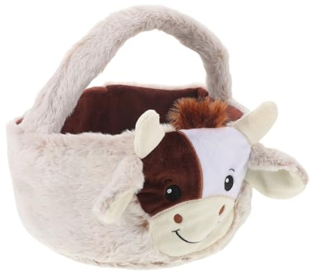 Vaguelly Canasta de Pascua Peluche con Forma de Vaca, Bolsa con Asa Resistente, Color Claro y Negro, Tamaño Pequeño, Adecuado para Buscar Huevos y Guardar Dulces en Fiestas Infantiles