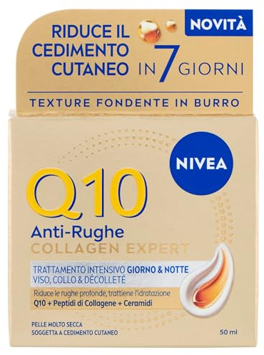NIVEA Q10 Collagen Expert Trattamento Intensivo Giorno & Notte 50 ml, Crema Collagene viso, collo e dècolletè con Coenzima Q10, Crema antirughe viso idratante, Skincare per pelle molto secca e matura