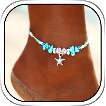 Handcess Boho Seestern Fußkettchen Silber Türkis Fußkettchen Strandperlen Fußfesseln für Frauen und Mädchen