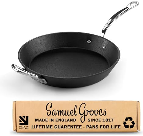 Samuel Groves Britannia Recycled 28cm Cast Iron Skillet with Long Handle, British Made Frying Pan, Pre-Seasoned, Induction & Oven Safe, Sustainable Cookware - Britain's Oldest Cookware Brand