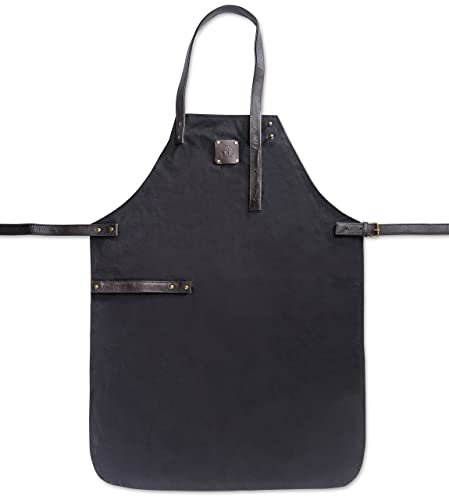 Angus Stoke Grill & Kochschürze aus Canvas/Baumwolle - Grillschürze variabel mit Leder-Riemen - Koch Schürze Danny (Schwarz)