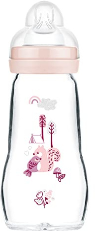 MAM Glasflasche, 1 x 260 ml, mit SkinSoft Silikon-Trinksauger, rosa | Baby Milchflasche mit mittlerem Trinksauger Größe 2, Babyzubehör für Neugeborene (Designs variieren)