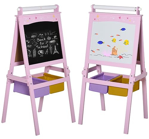 HOMCOM Art Easel for Kids 3 in 1 Double-Sided Kids Easel with Paper Roll Double-Sided Chalkboard & Whiteboard with Storage Baskets for Toddler Girls, Pink