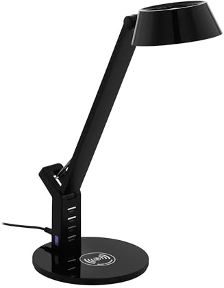 EGLO LED Tischlampe Banderalo, 1 flammige Schreibtischlampe | mit QI Ladestation, warmweiß, neutralweiß, kaltweiß, dimmbar, Tischleuchte, Bürolampe aus Kunststoff in Schwarz, LED