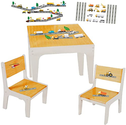 alles-meine.de GmbH 3 TLG. Set: Sitzgruppe/Sitzgarnitur für Kinder - sehr stabiles Holz - Bagger/Traktor & Auto - Tisch + 2 Stühle/Kindermöbel für Jungen & Mädchen - Ki..