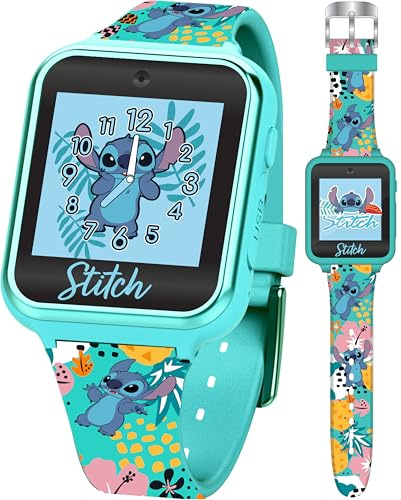 Disney Stitch Interaktiv smartklocka för barn – roligt lärande med 10 urtavlor, spel, stegräknare och kamera, turkos, 40 mm, modern