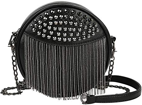 MEGAUK Mini Niet Handtasche Kette Fransen Umhängetasche Cross Body Taschen Elegante Kettentasche Punk Clutch Bag Abendtasche mit Kette Riemen Metall Schultergurt