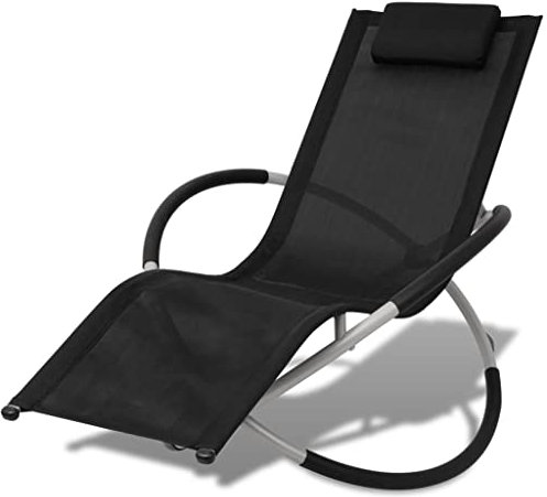 Schaukelliege klappbar mit Kopfstütze, Verzinkter Stahlrahmen, Wetterfest, Atmungsaktiv, ergonomische Relaxsessel Sonnenliege Gartenliege Liegestuhl Relaxliege für Garten/Terrasse, Schwarz und Grau