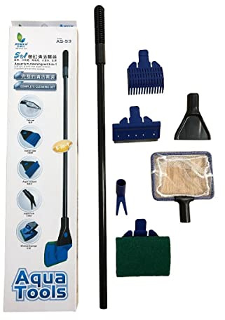 Finest-Filters 5 In 1 Cleaning Kit for Aquarium Fish Tank (Fish Net, Rake, Scraper, Plant Fork + Sponge) All-in-one Cleaner Set for Aquariums